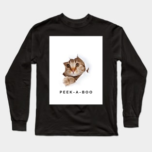 Peek-a-boo Cat Design White Long Sleeve T-Shirt